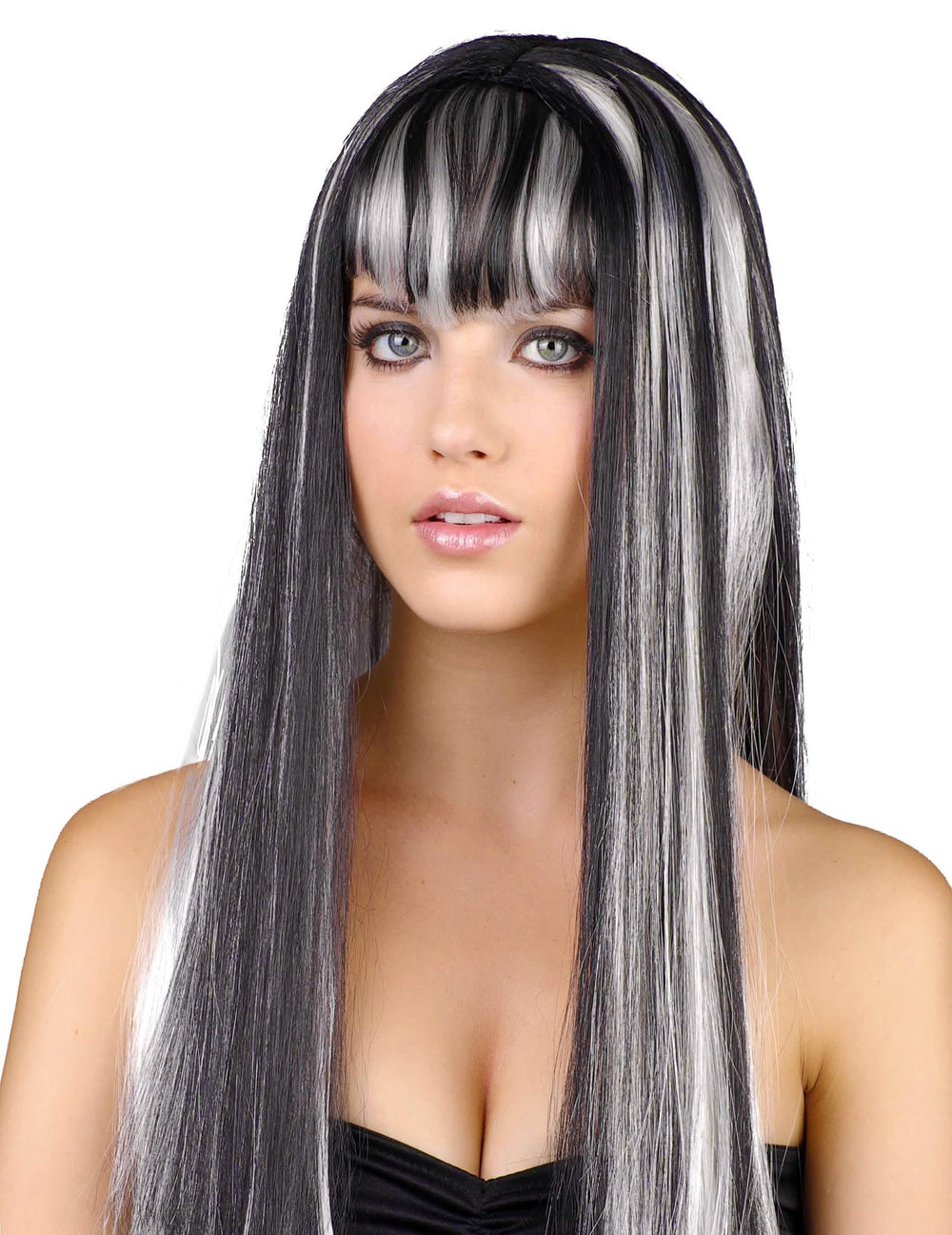 Perruque longue noire et blanche pour femme lisse avec frange