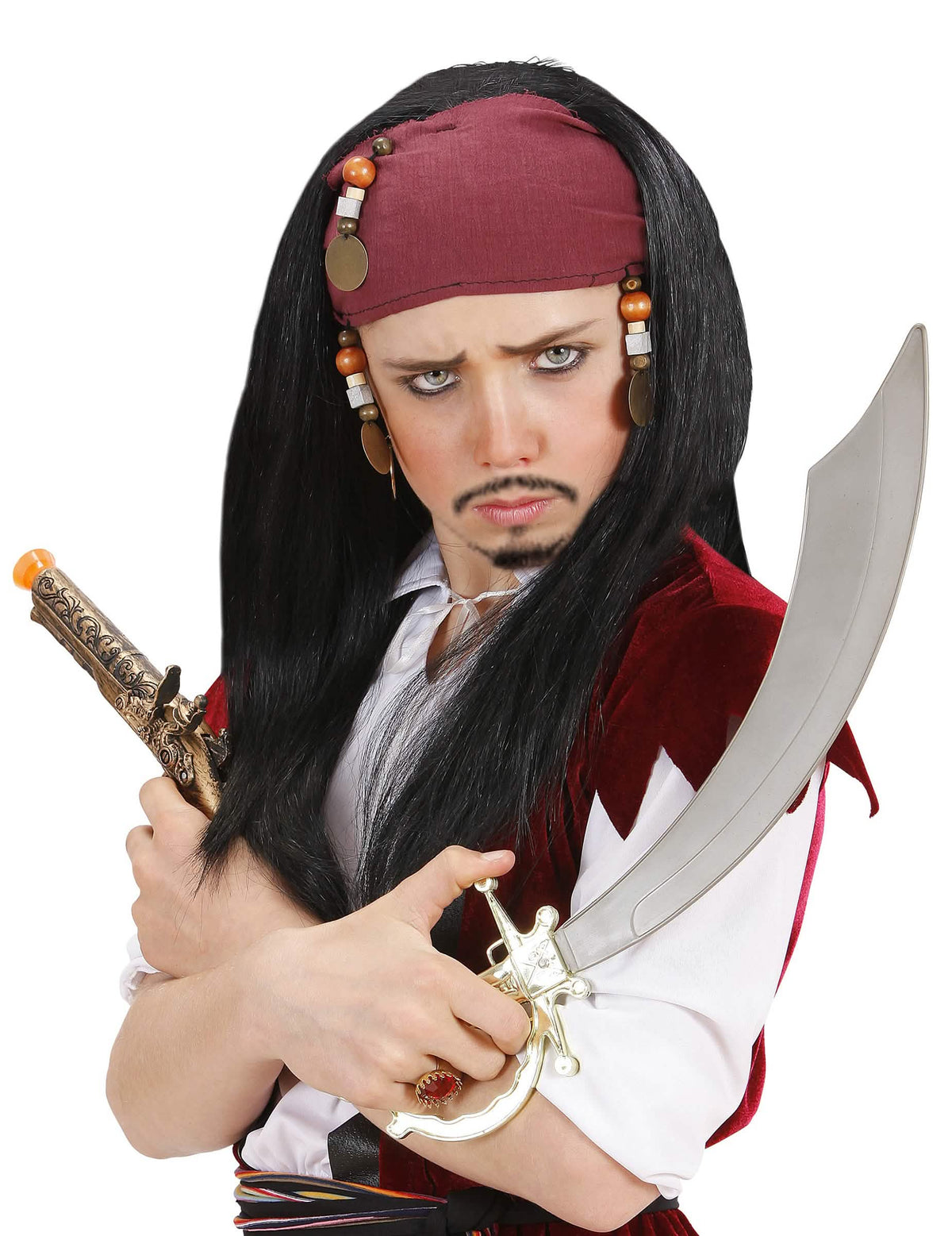 Perruque pirate pour enfant noire avec bandana bordeaux et perles