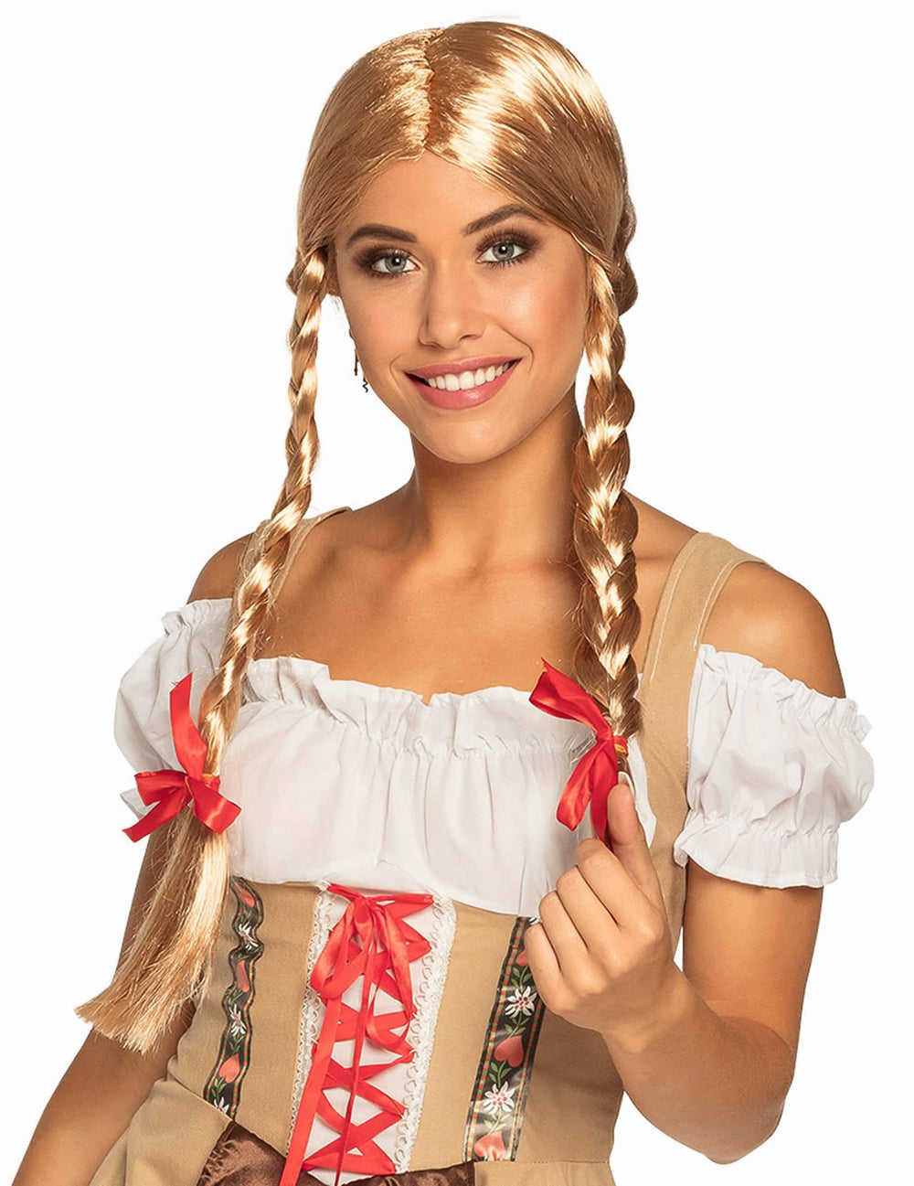 Blonde geflochtene Damenperücke mit roten Schleifen