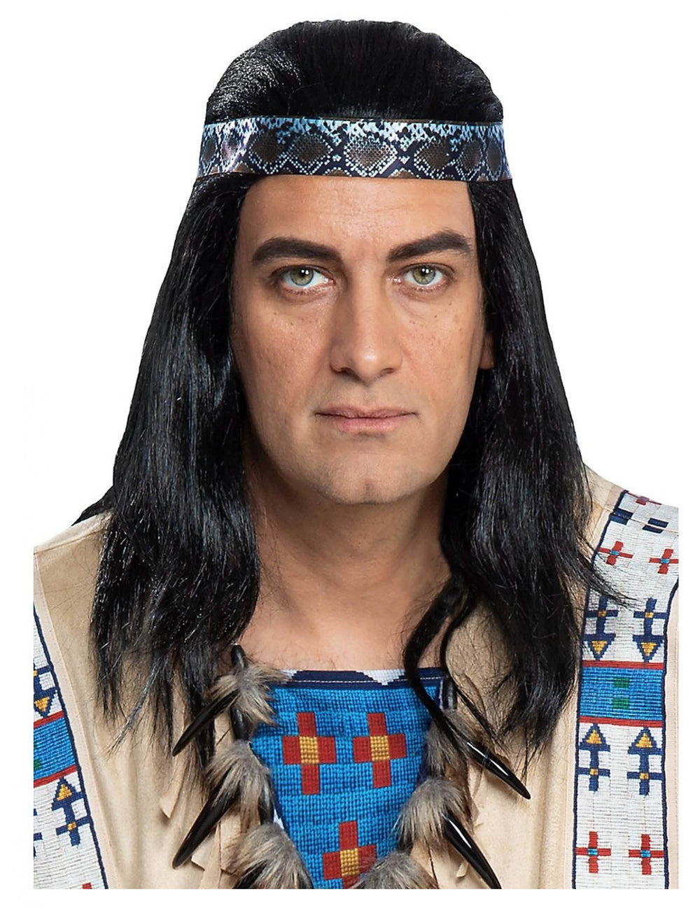 Winnetou-Perücke für Erwachsene schwarz mit Stirnband mit Schlangenhaut-Muster