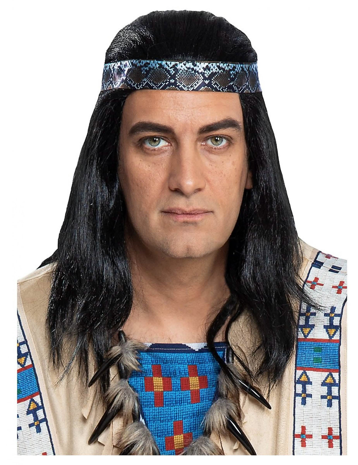 Winnetou-Perücke für Erwachsene schwarz mit Stirnband mit Schlangenhaut-Muster