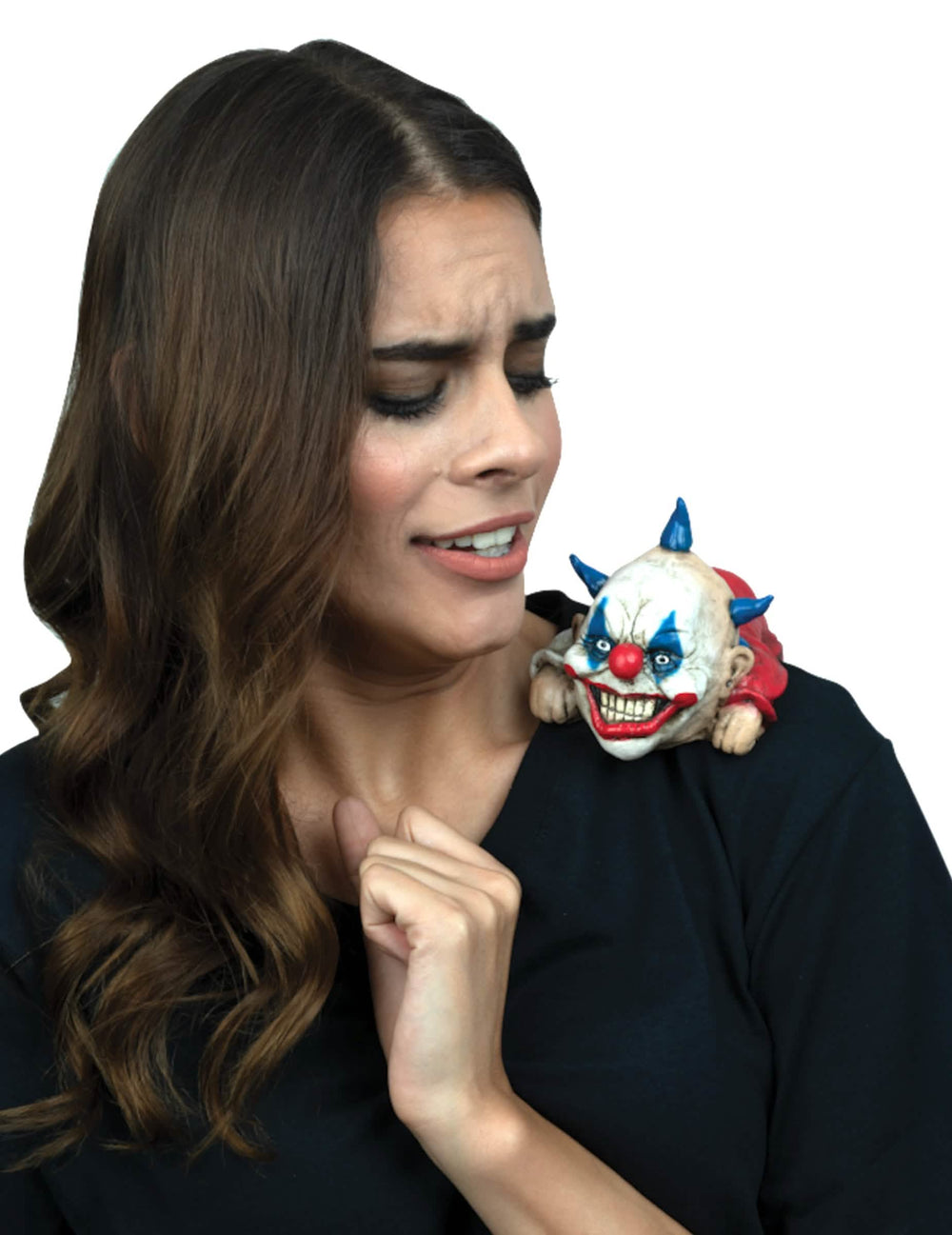 Petit clown maléfique d'épaule pour adulte luxe blanc bleu et rouge