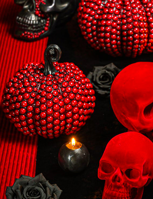Kleiner Deko-KÃ¼rbis mit roten Perlen 19 cm Halloween-Tischdeko