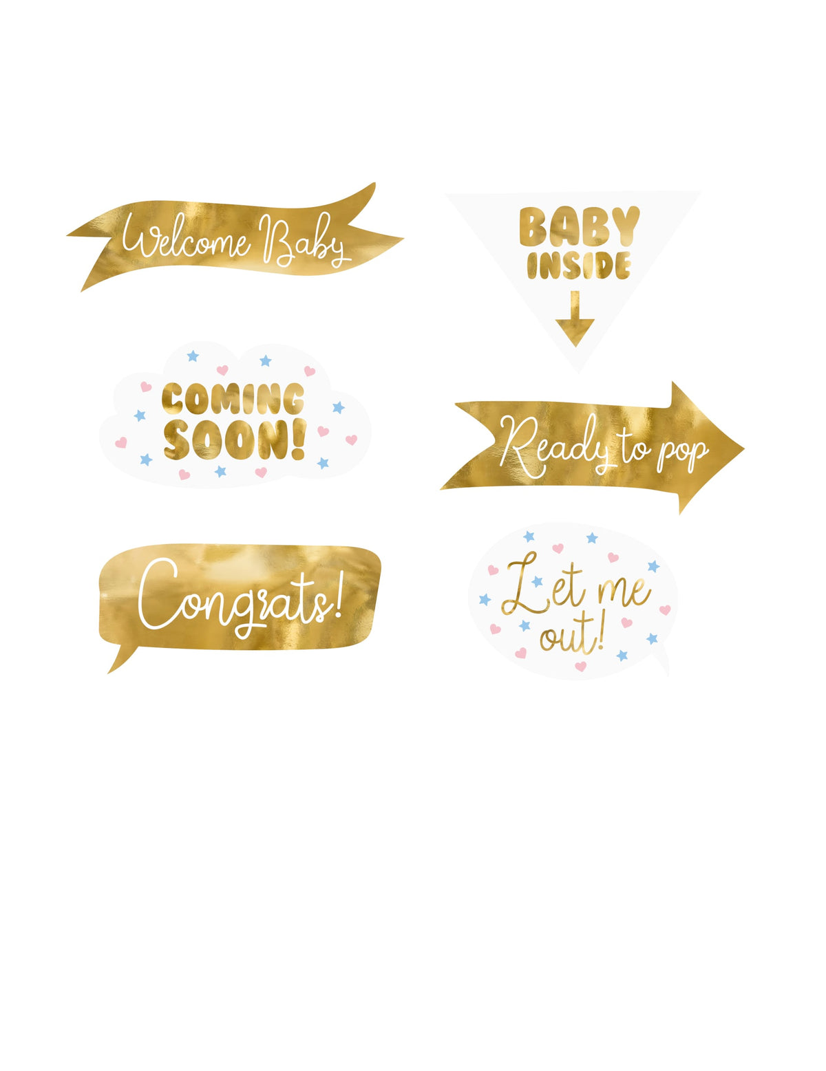 Mise en situation du kit photobooth baby shower blanc et or 6 pièces