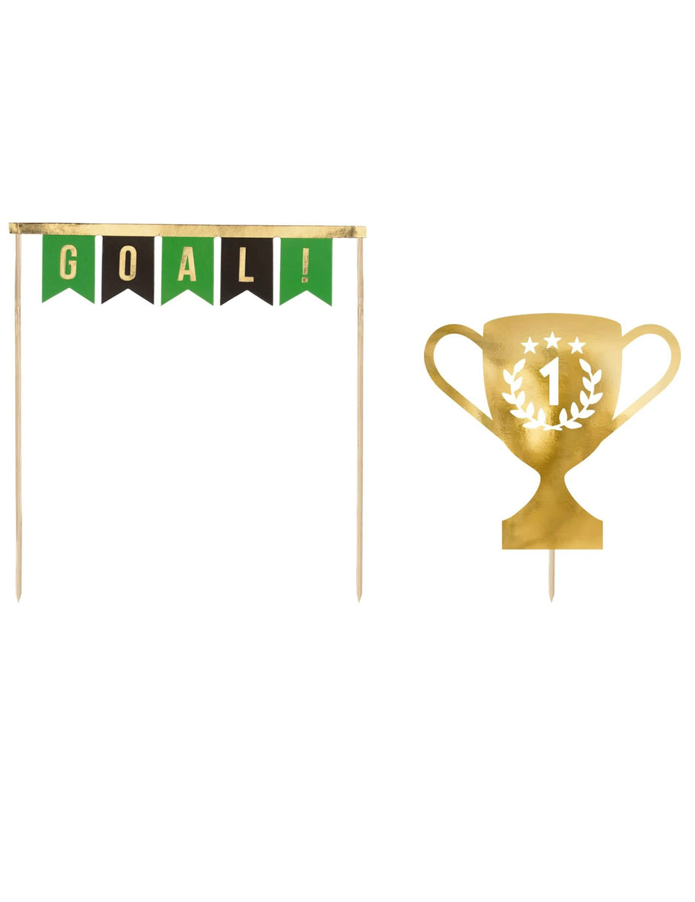 Goldene, grüne und schwarze Fußball-Tortendekopicker mit „Goal“-Banner und Pokal