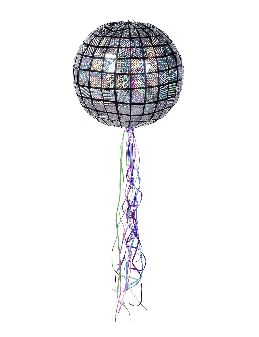 Piñata boule à facettes disco argentée avec rubans colorés