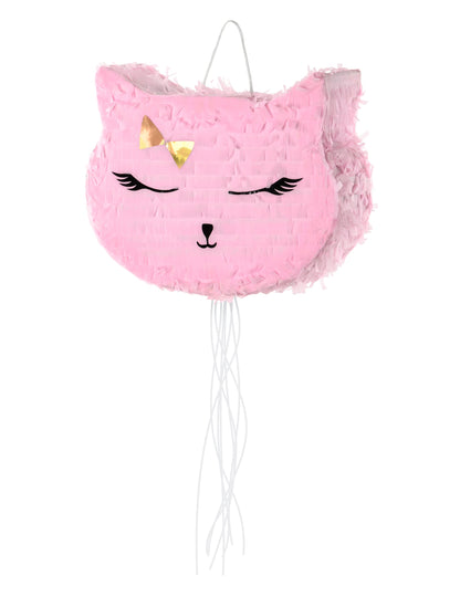 Piñata chat pour anniversaire rose avec nœud doré