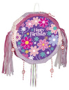 Piñata Happy Birthday fleurs pour anniversaire violette et rose avec rubans