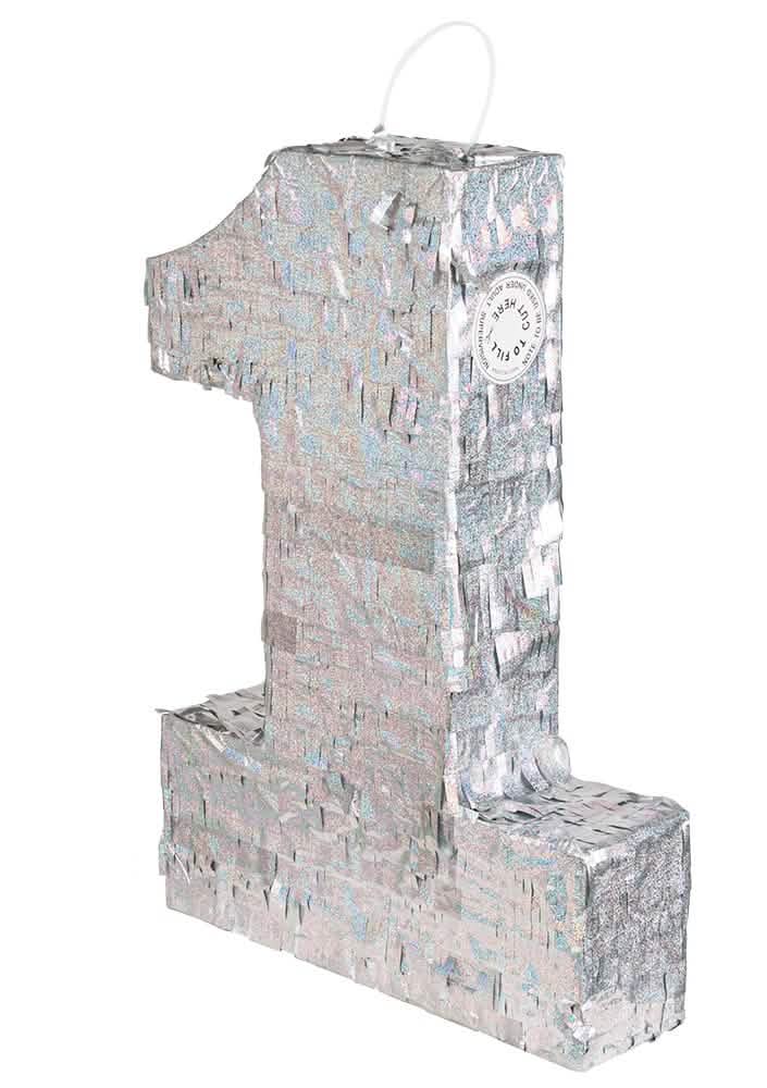 Piñata chiffre 1 pour fête holographique argent