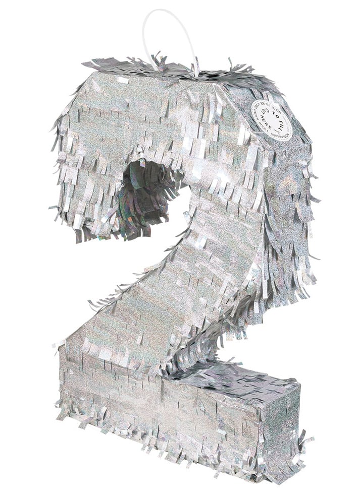 Piñata chiffre 2 pour anniversaire holographique argent