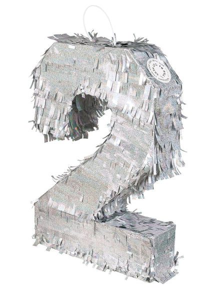 Piñata chiffre 2 pour anniversaire holographique argent