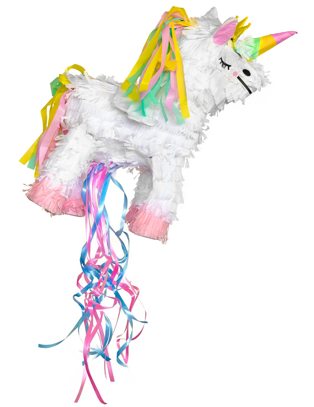 Piñata licorne volante pour enfant blanche avec crinière et rubans multicolores