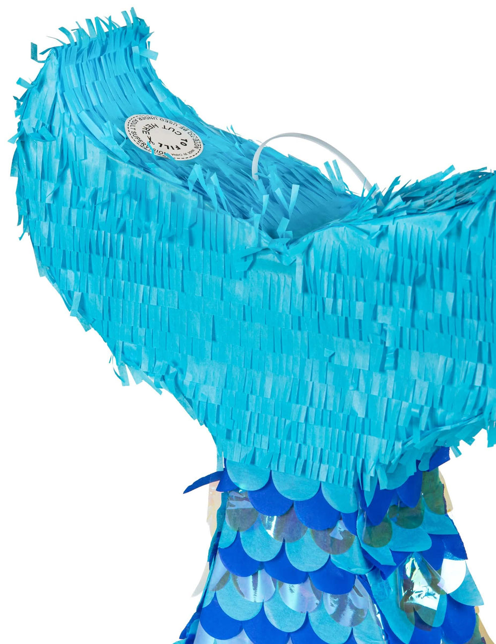 Détail du système de remplissage et de l'anse de la piñata queue de sirène