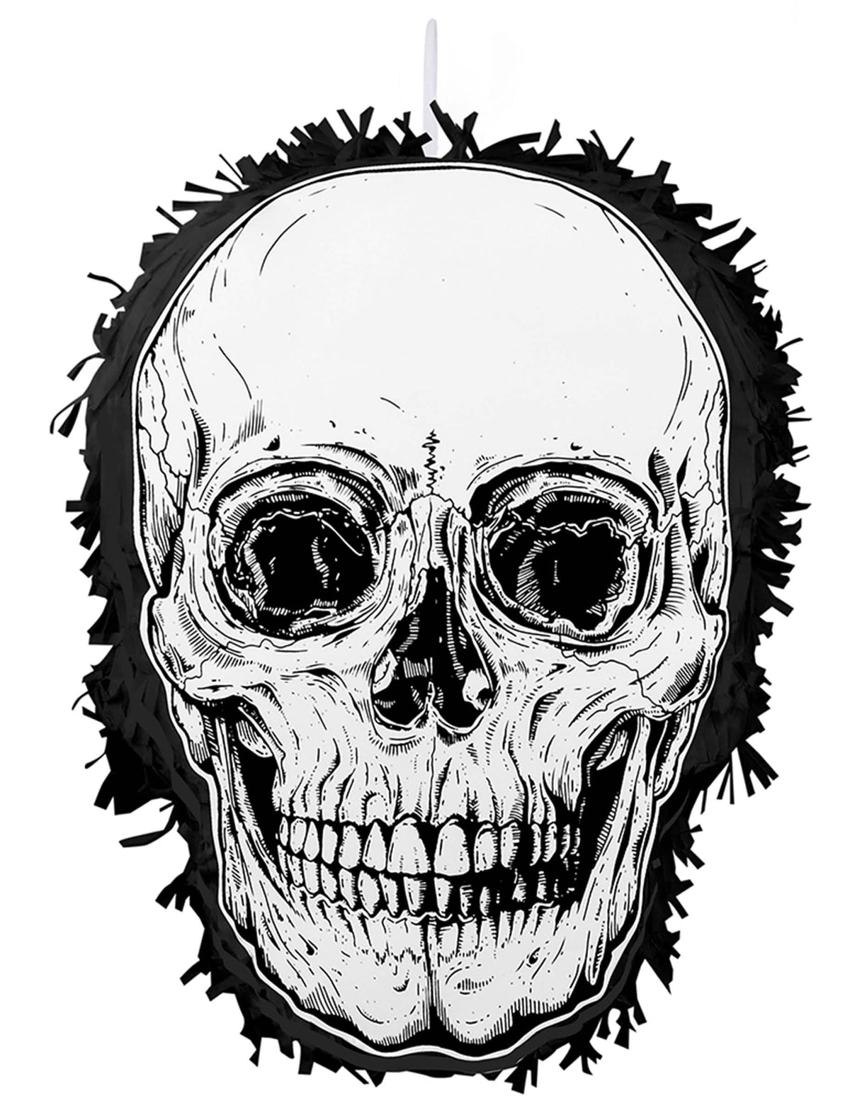 Piñata tête de mort pour fête noir et blanc avec franges noires
