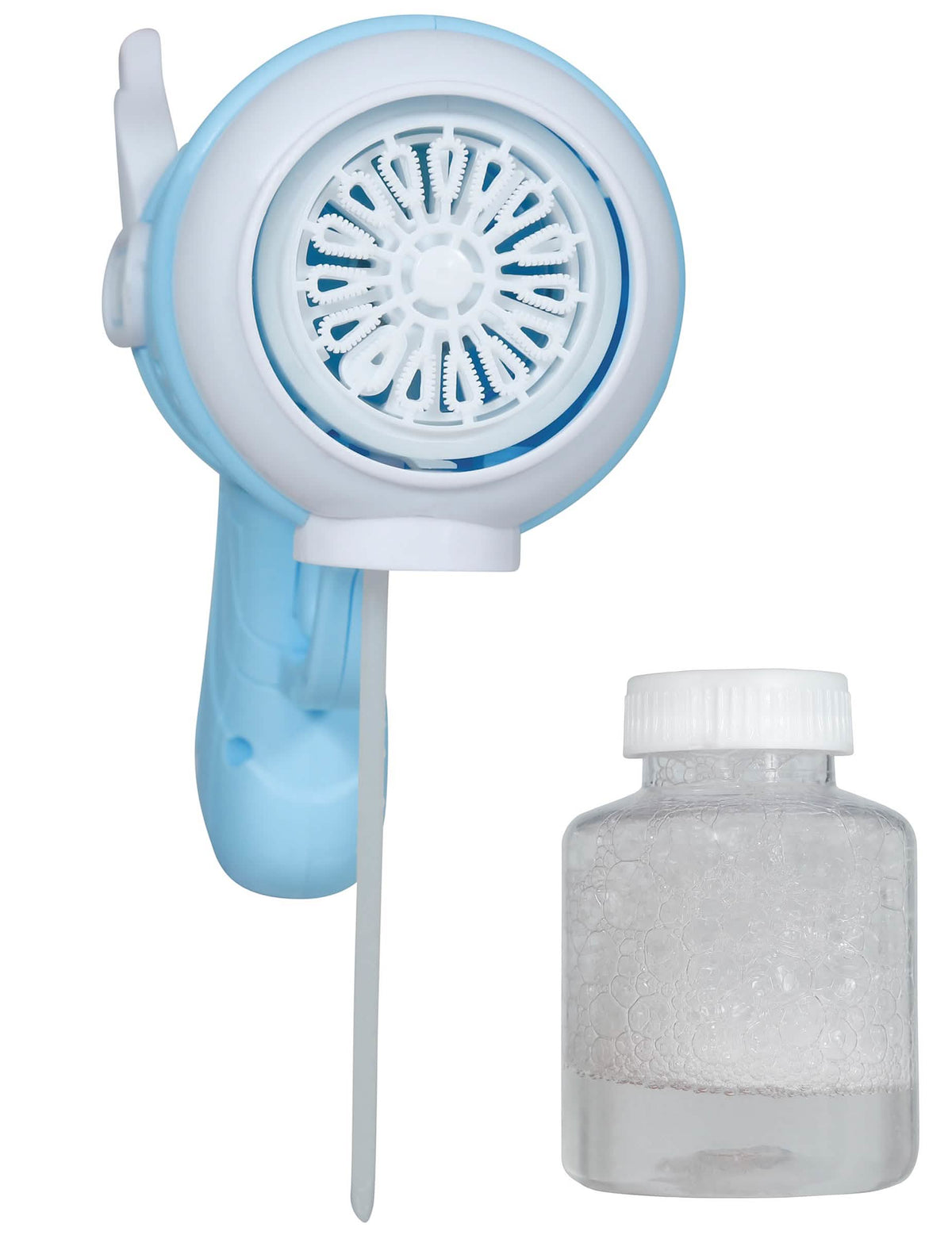 Flacon de liquide et vue de face du pistolet à bulles avec réservoir