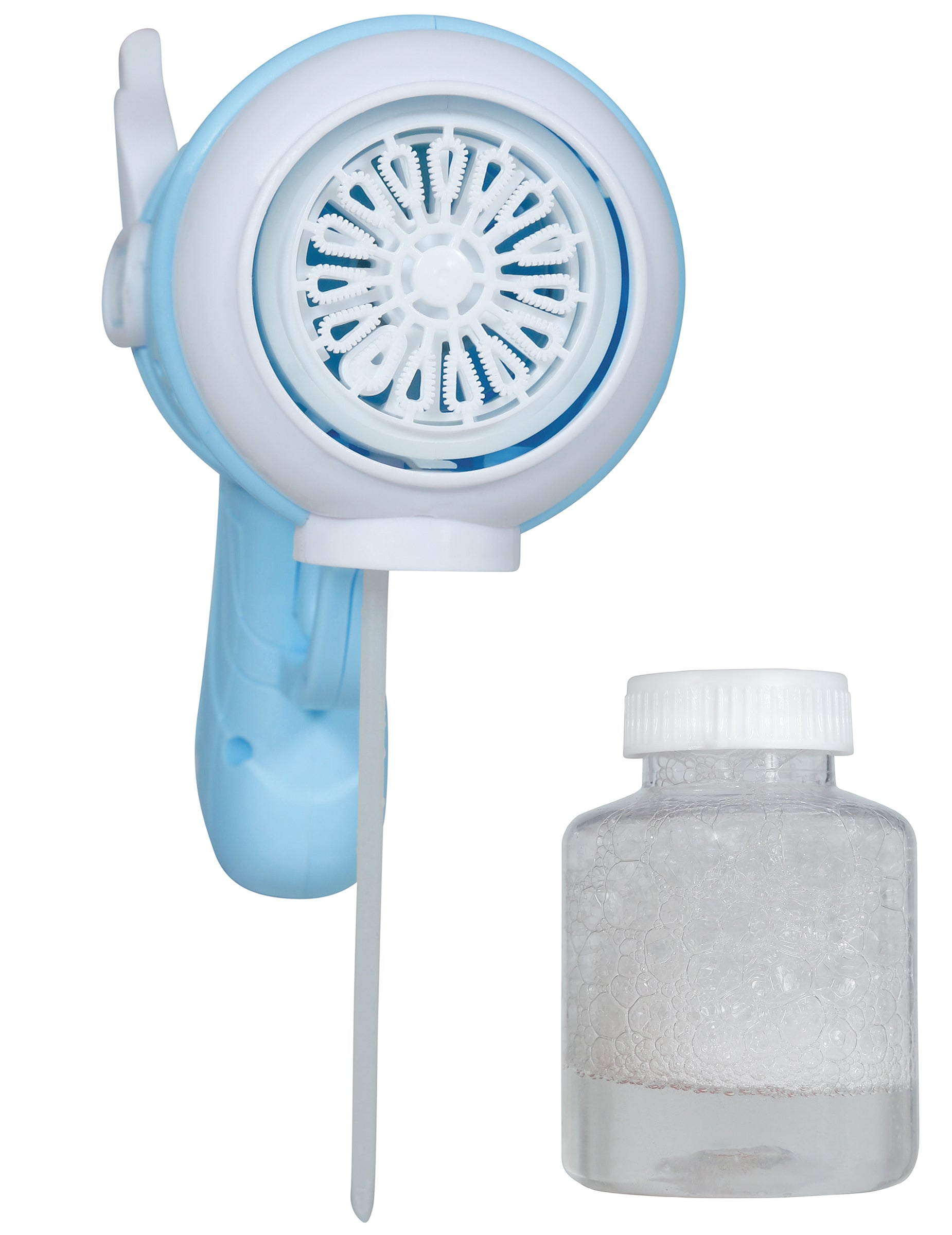 Flacon de liquide et vue de face du pistolet à bulles avec réservoir