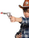 Pistolet sonore cowboy pour enfant argenté avec poignée marron et embout rouge