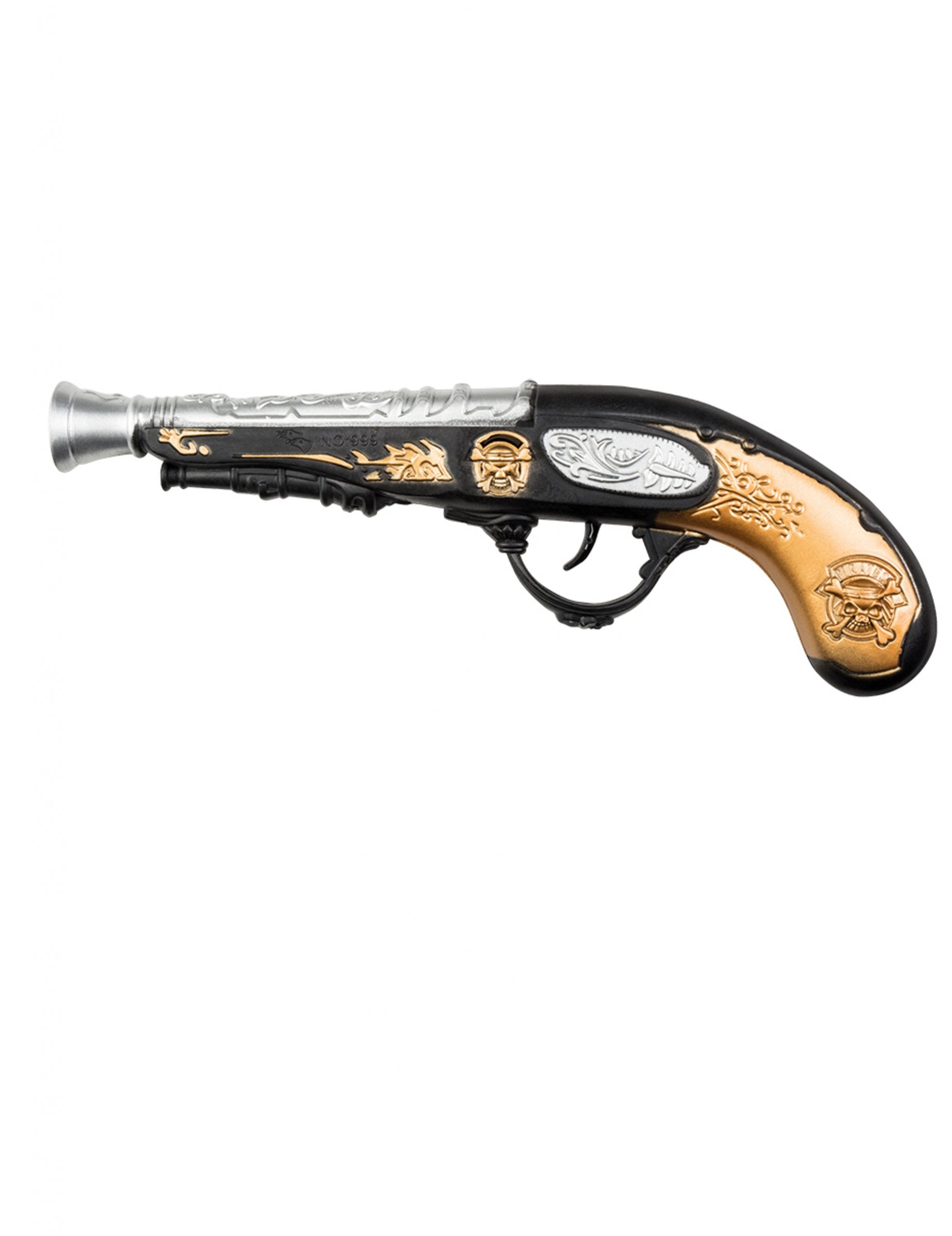 Mise en situation du pistolet pirate noir et or