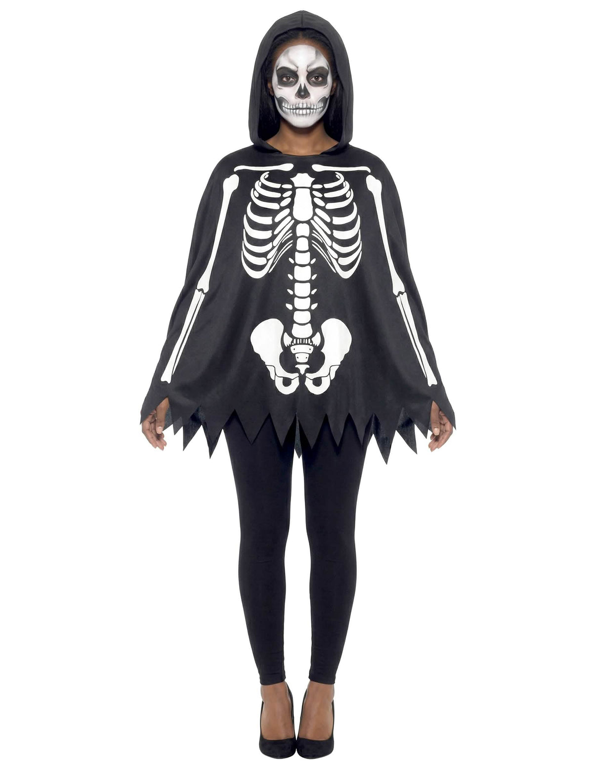 Poncho Skelett für Erwachsene Black and White mit Kapuze