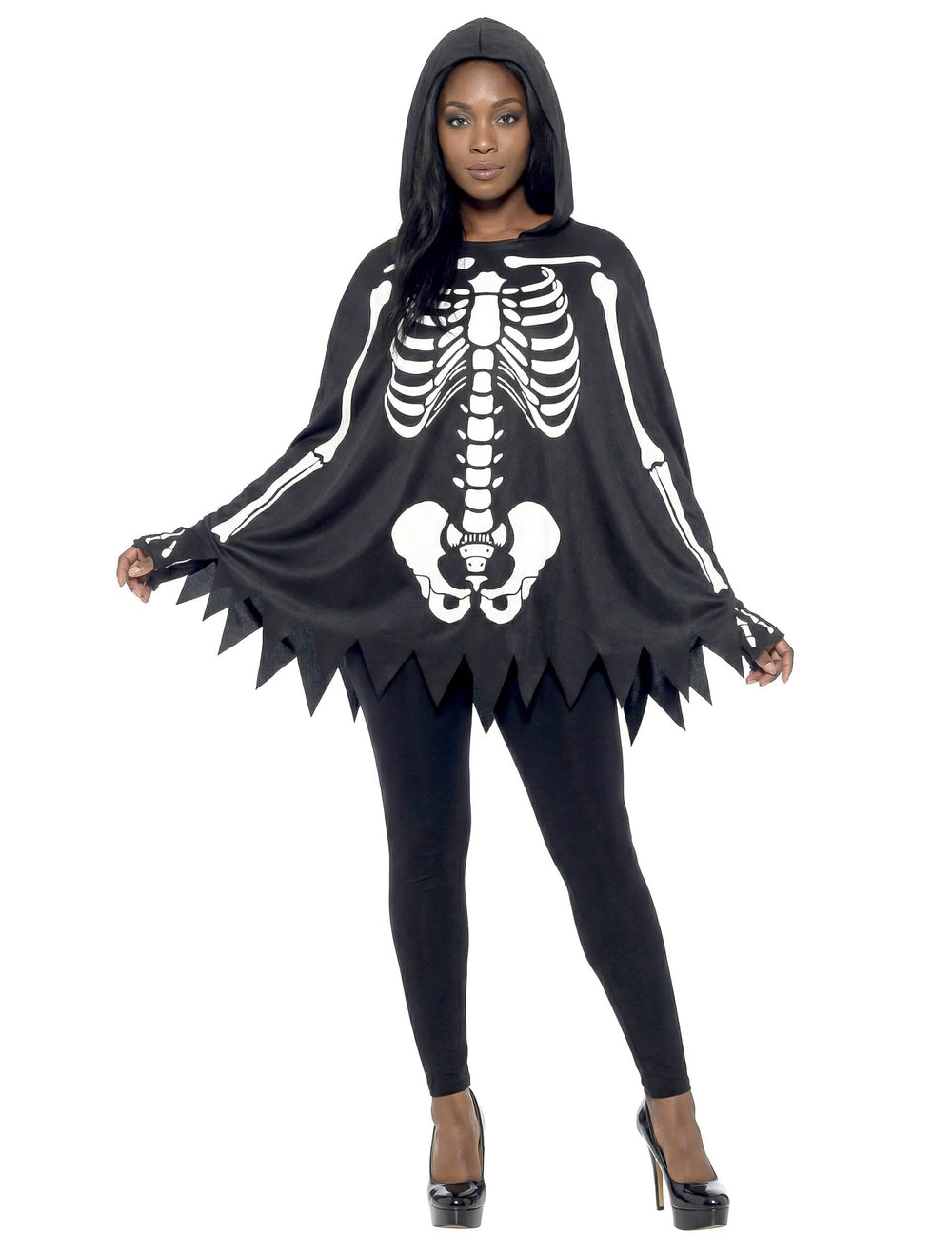 Vorderansicht des Skelett-Ponchos mit Kapuze für Erwachsene