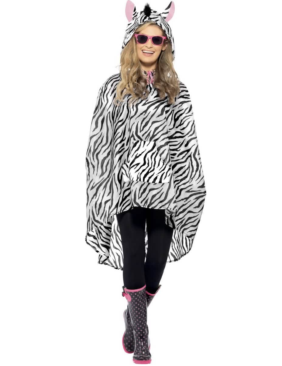 Poncho Zebra für Erwachsene Black and White mit Kapuze mit Ohren