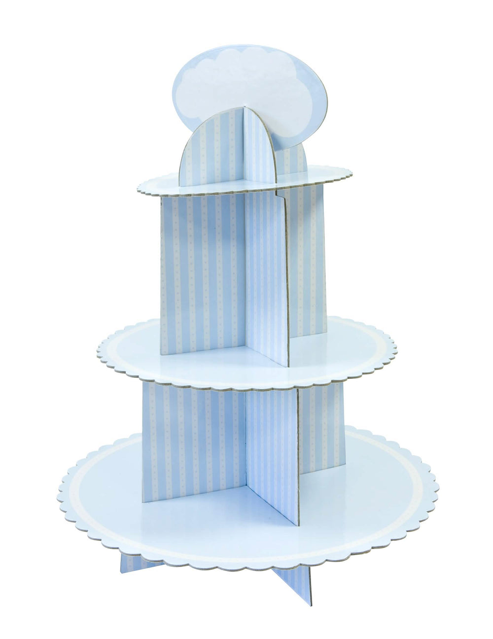 Présentoir à cupcake en carton pour baby shower bleu et blanc à rayures