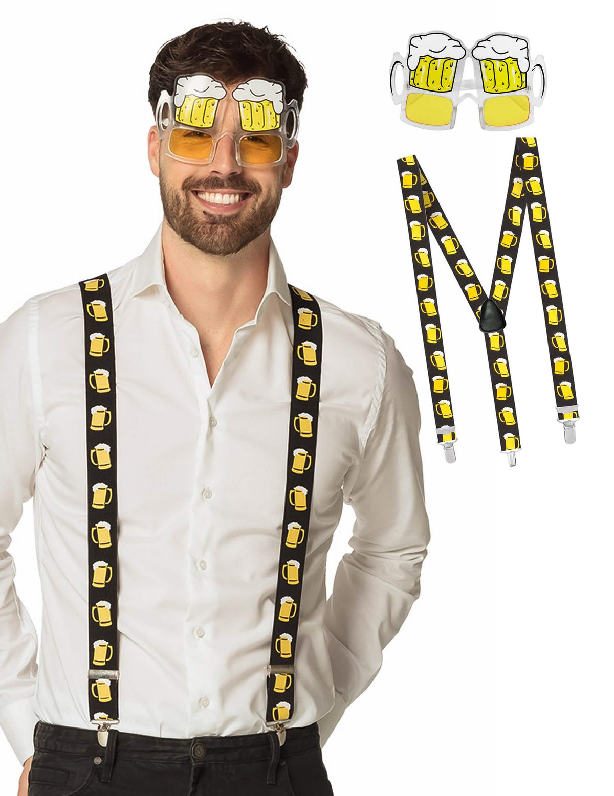 Set aus Hosenträgern und Bier-Brillen für Erwachsene, Gelb und Schwarz, mit Krug-Motiven