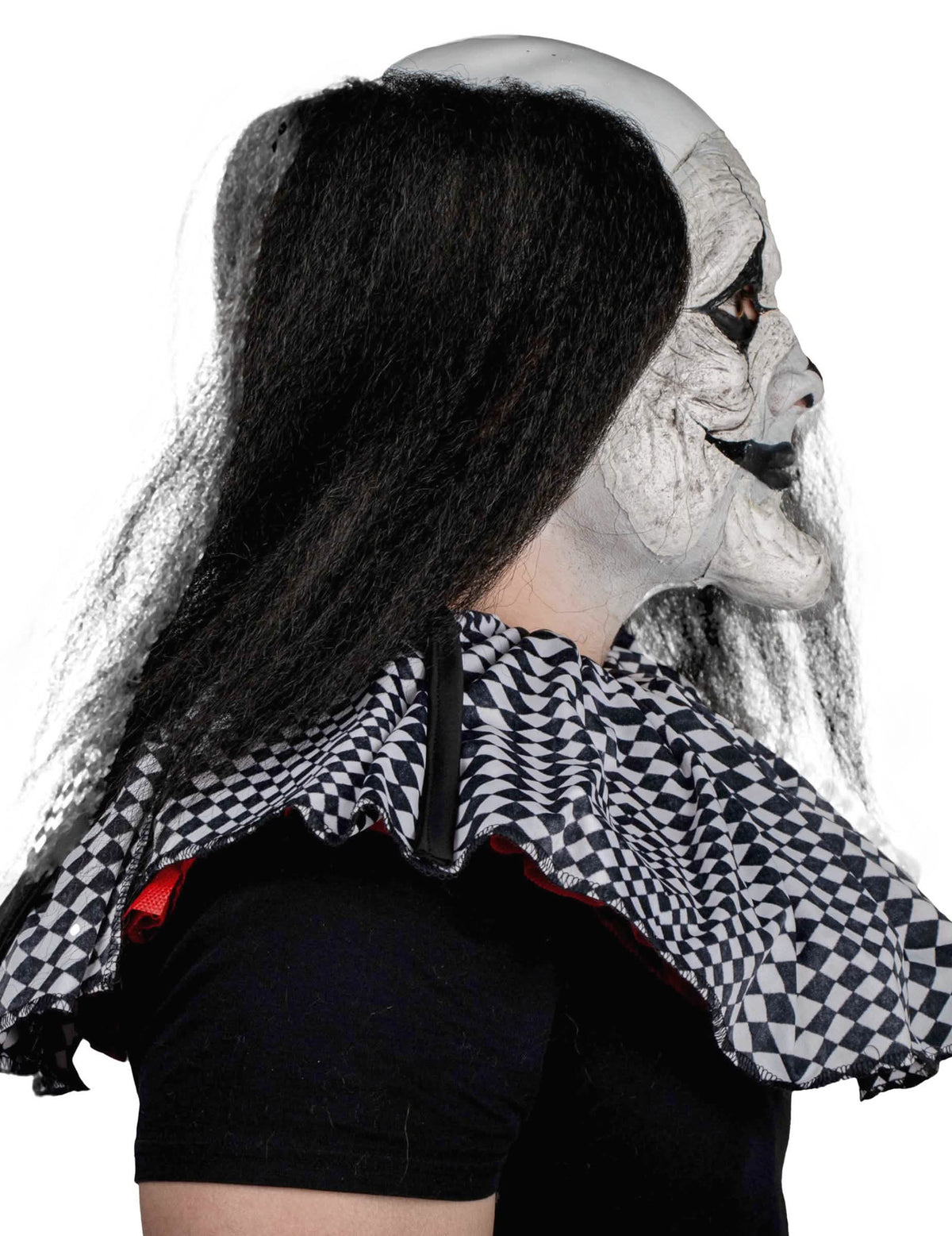 Detail des Haares und des Kragens der Prothese für Clown-Schminke