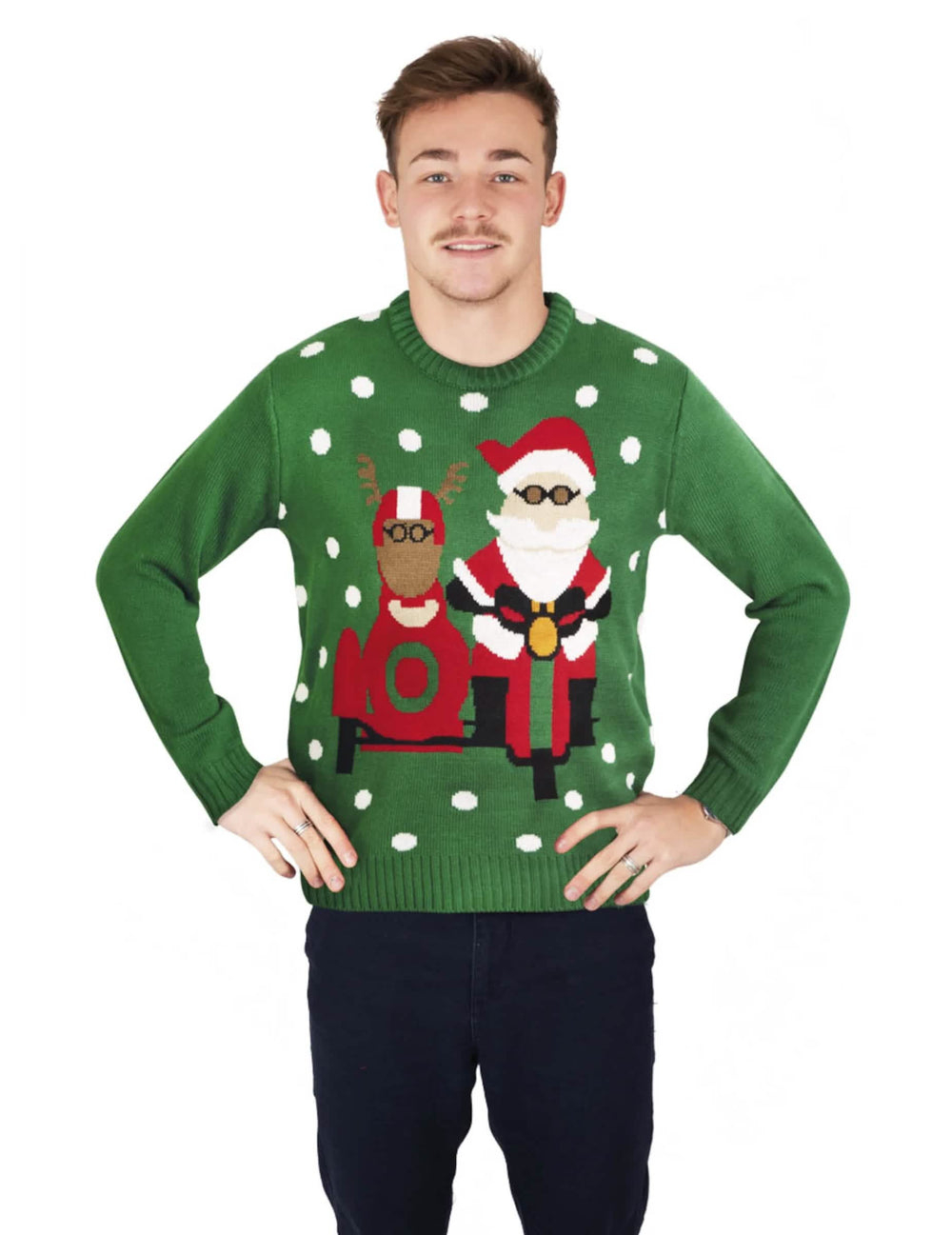 Pull de Noël Père Noël motard pour homme vert avec motif renne
