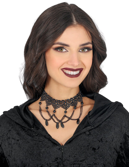 Ras de cou dentelle et chainettes pour femme noir