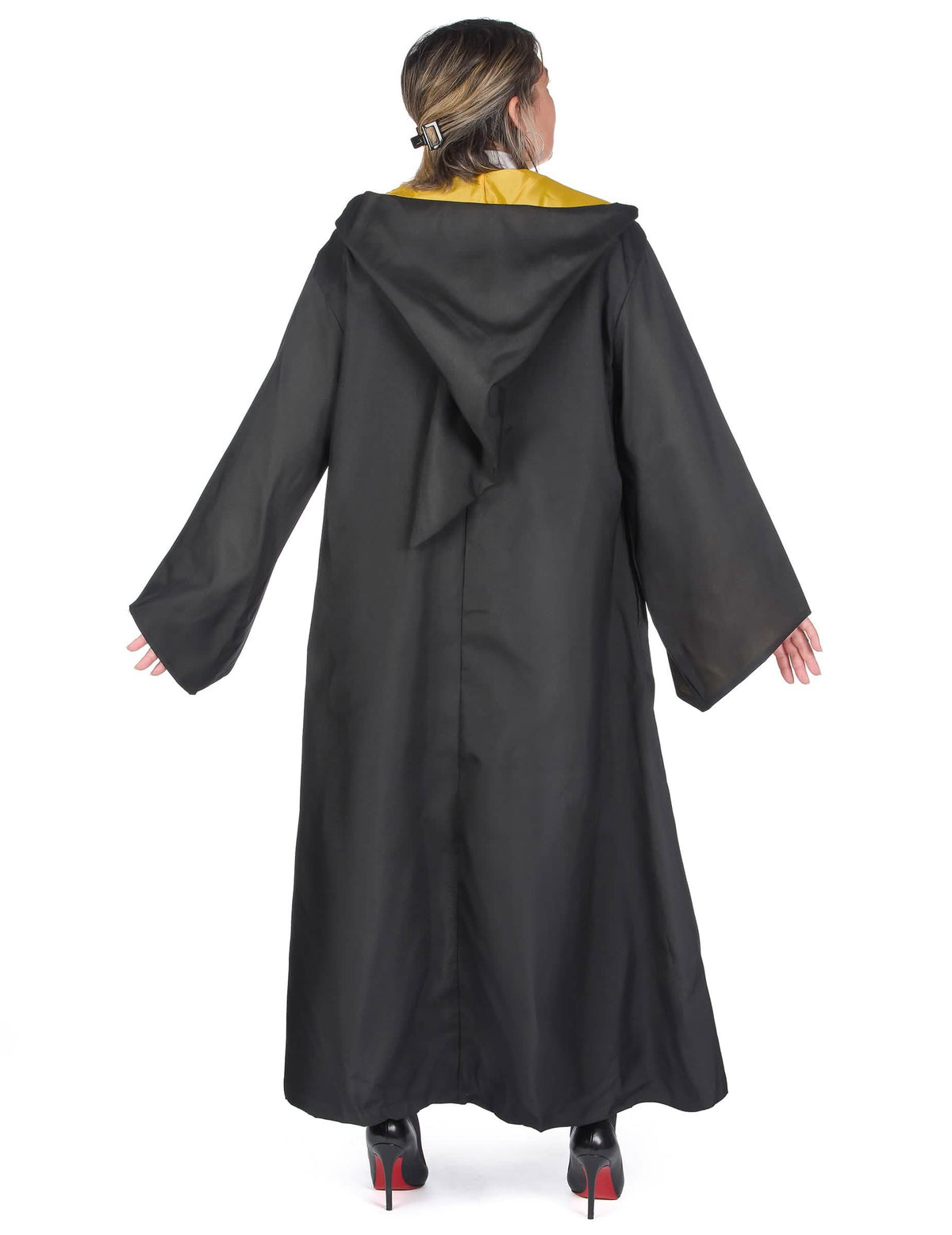 Réplique luxe robe de sorcier Poufsouffle pour adulte noire et jaune vue de dos