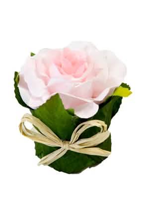 Rose dans un pot en feuillage décoration champêtre pour table rose avec noeud en raphia
