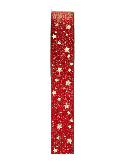 Rotes Geschenkband mit Goldsternen 2,5 cm x 3 m