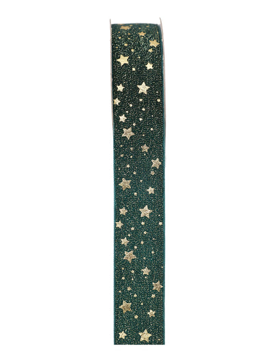 Tannengrünes Schleifenband mit Goldsternen 2,5 cm x 3 m