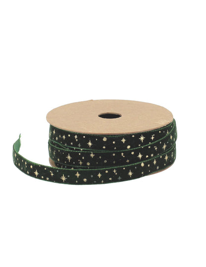 Samtband mit Sternen, dunkelgrün & gold, 1 cm x 3 m