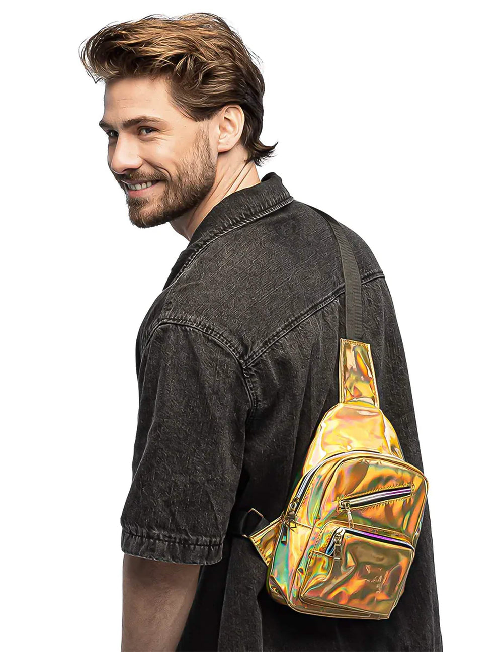Sac bandoulière holographique deluxe pour homme or