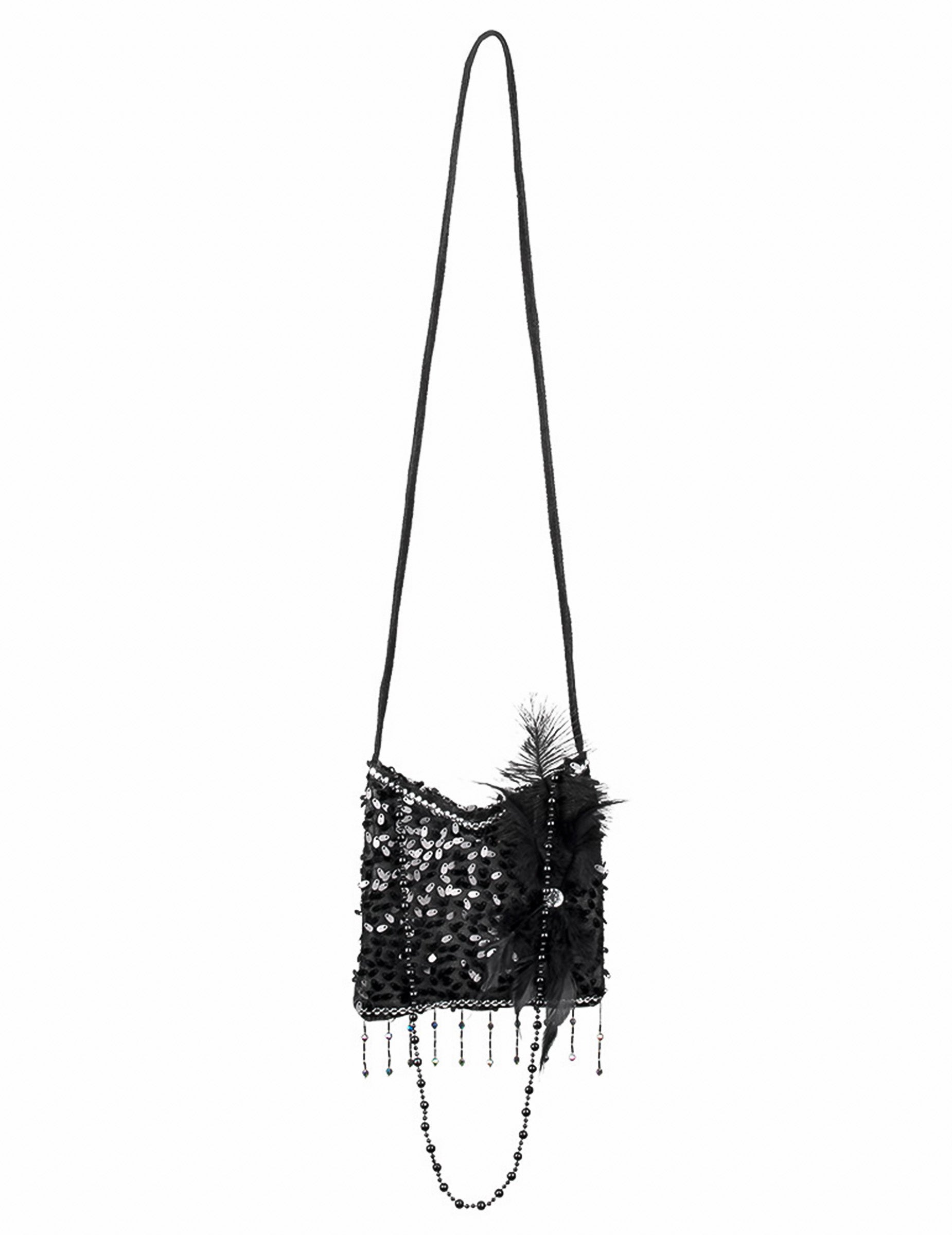 Sac charleston années 20 pour femme noir avec paillettes et plumes