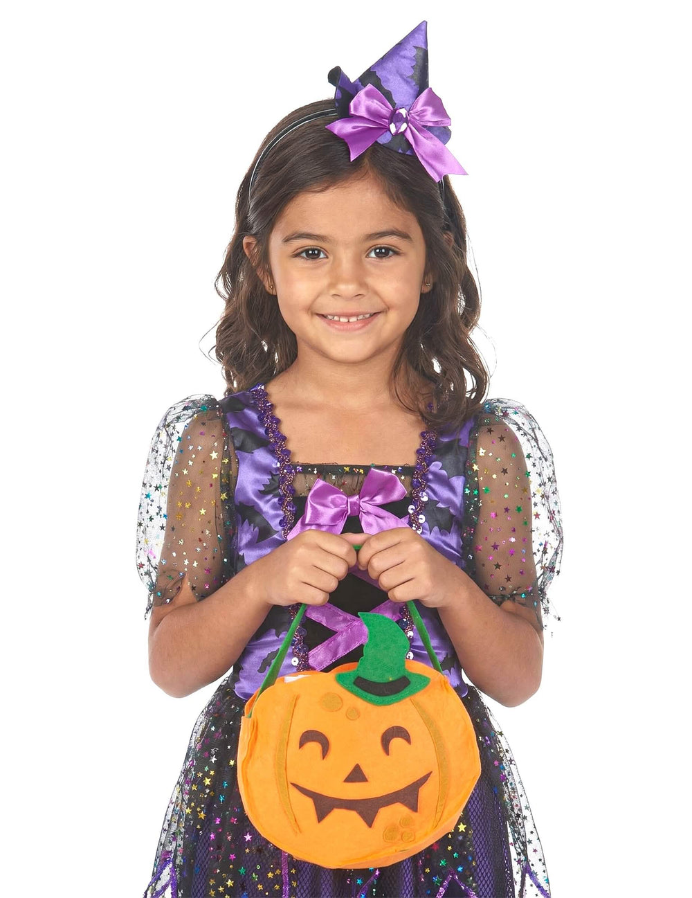 Halloween-Kürbisbeutel für Kinder orange mit Gesicht und grünem Hut