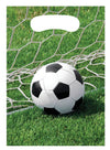 Sacs cadeaux en plastique foot avec motif de ballon dans un filet sur herbe verte