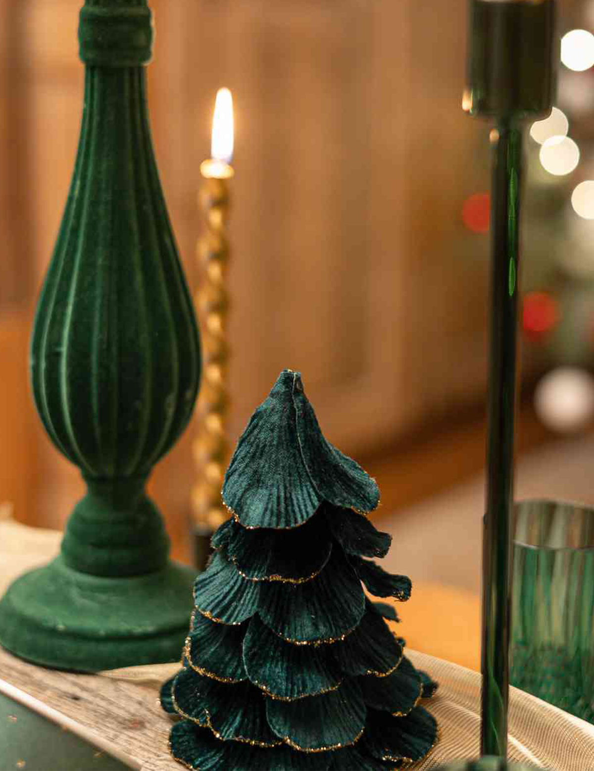 Weihnachtsbaum-Aufsteller aus Samt in Dunkelgrün & Gold 12 x 16 cm