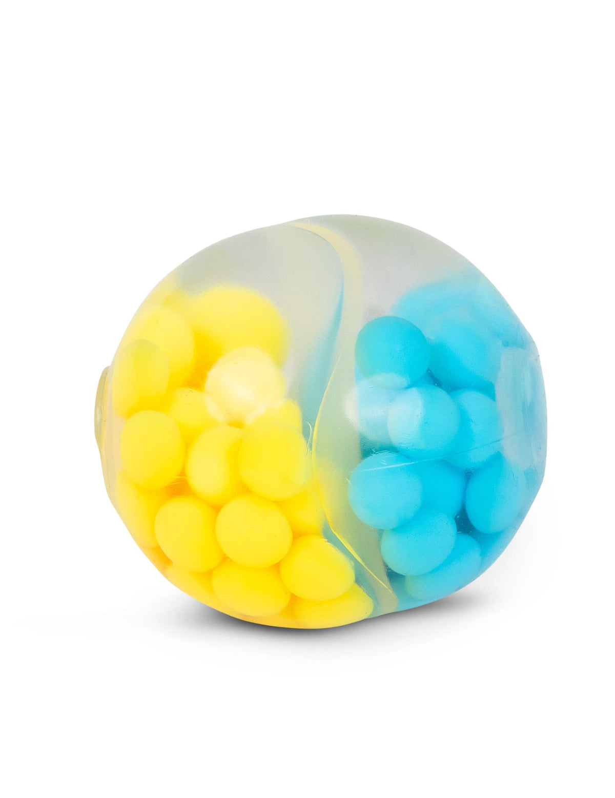 Détail des billes jaunes et bleues de la balle anti-stress Scrunchems ASMR