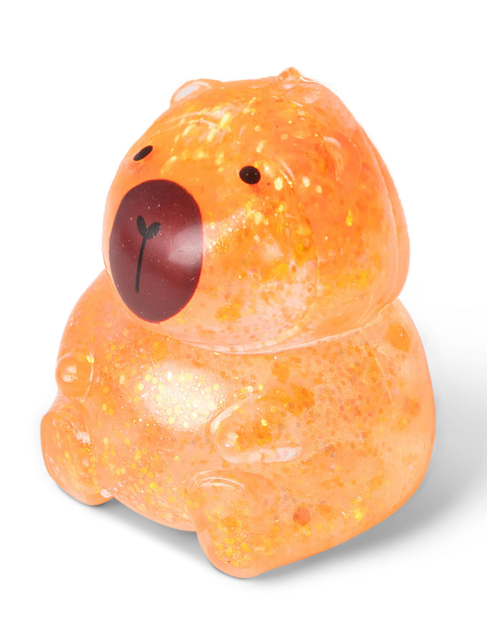 Vue de profil de la balle anti stress capybara Scrunchems orange pailletée