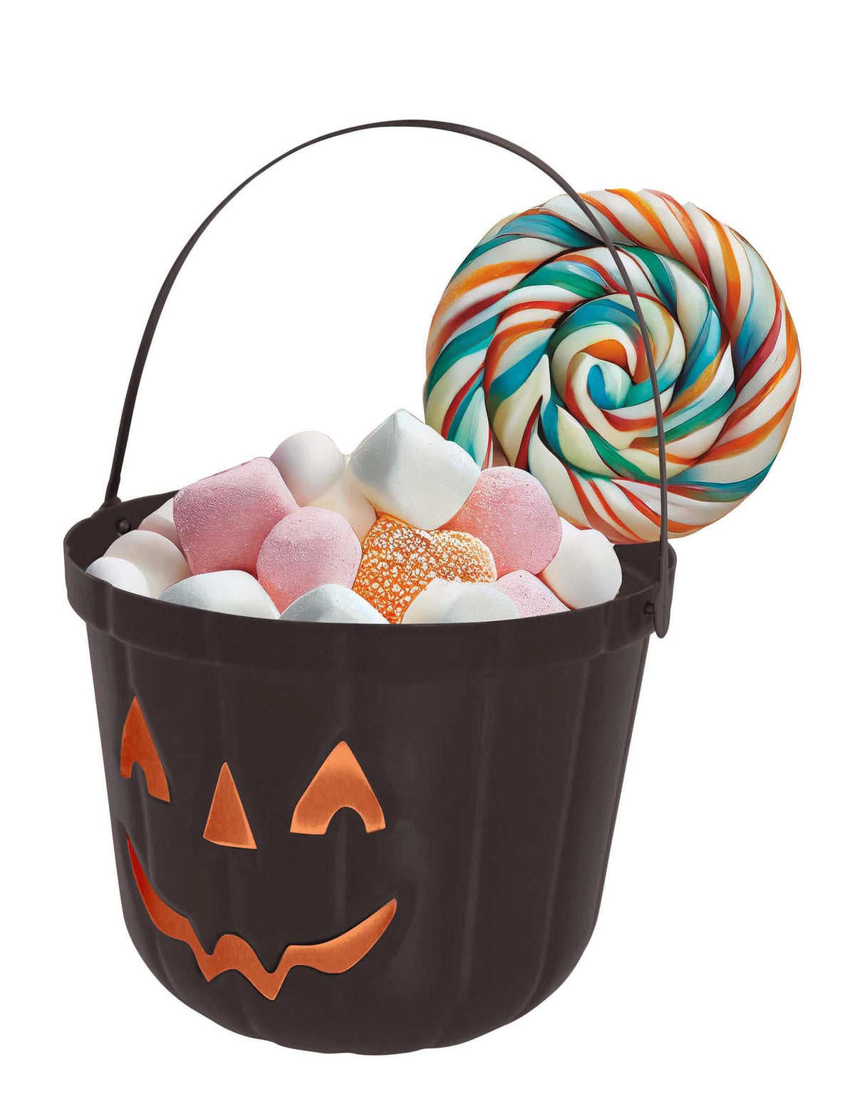 Détail des bonbons et de la sucette du seau citrouille pour enfant