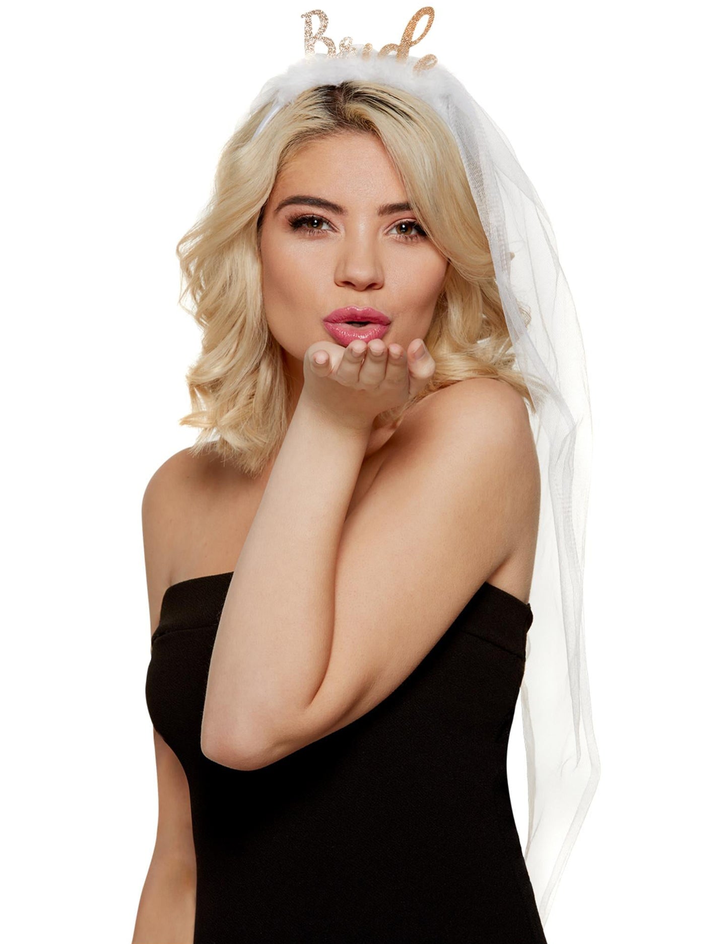 Serre-tête avec voile Bride EVJF pour femme blanc et doré à paillettes