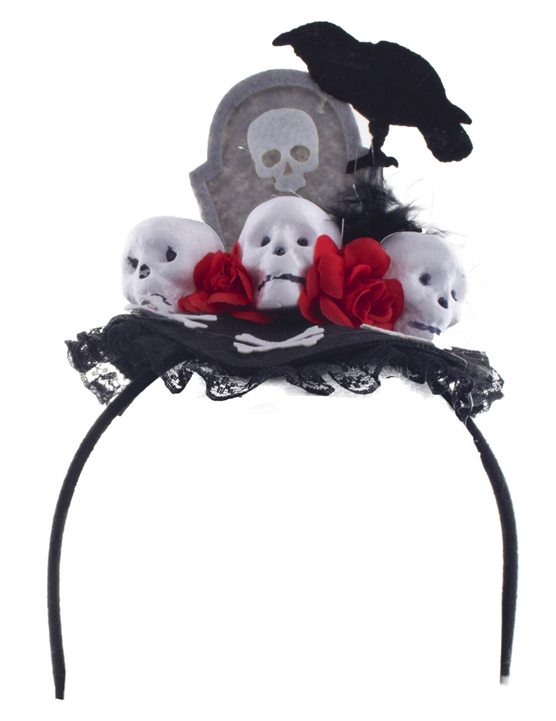 Serre-tête corbeau Dia de los muertos pour femme noir avec crânes et roses rouges
