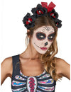 Serre-tête fleurs Dia De Los Muertos pour adulte noir et rouge avec petites têtes de mort