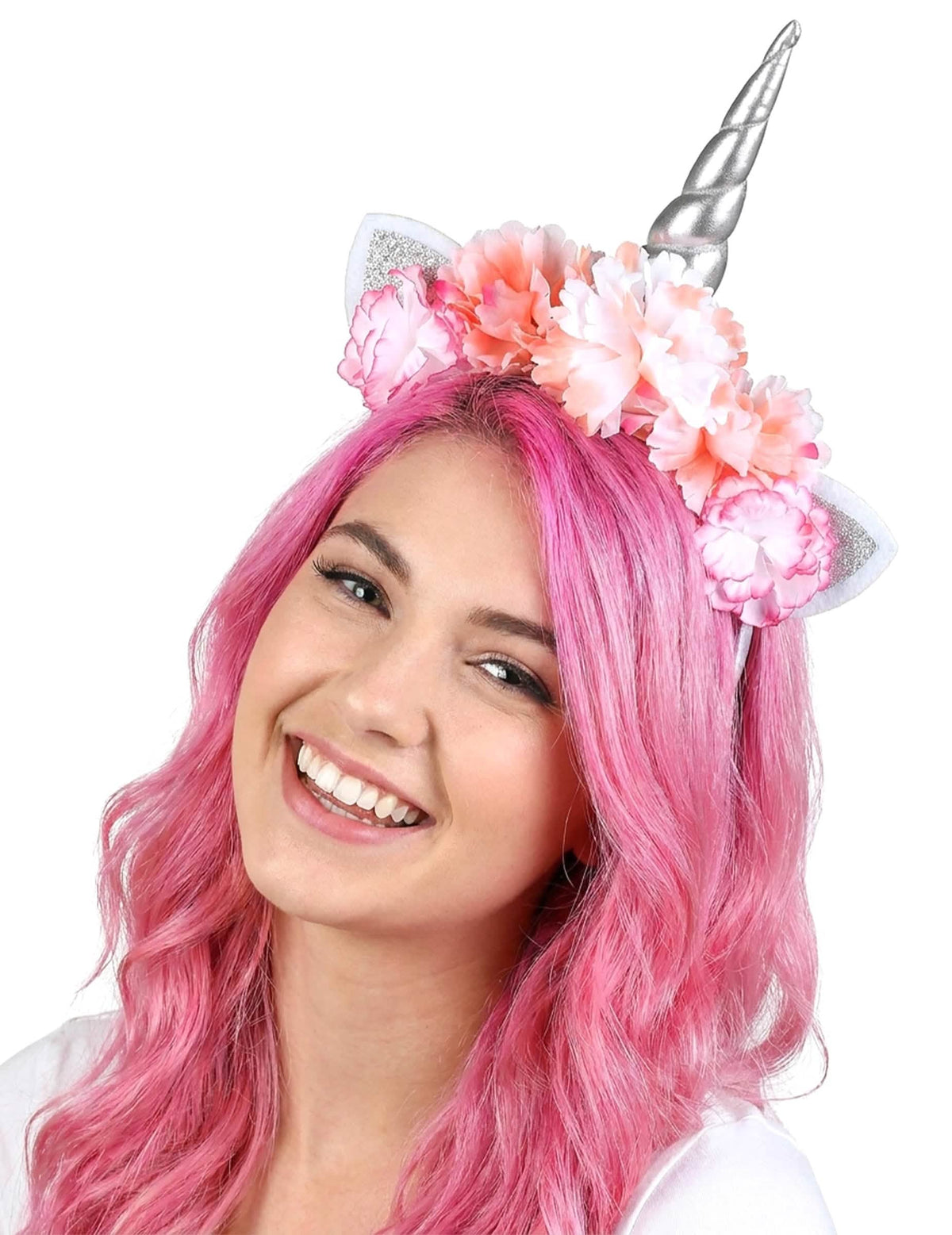 Einhorn Haarreif mit Blumen silber rosa