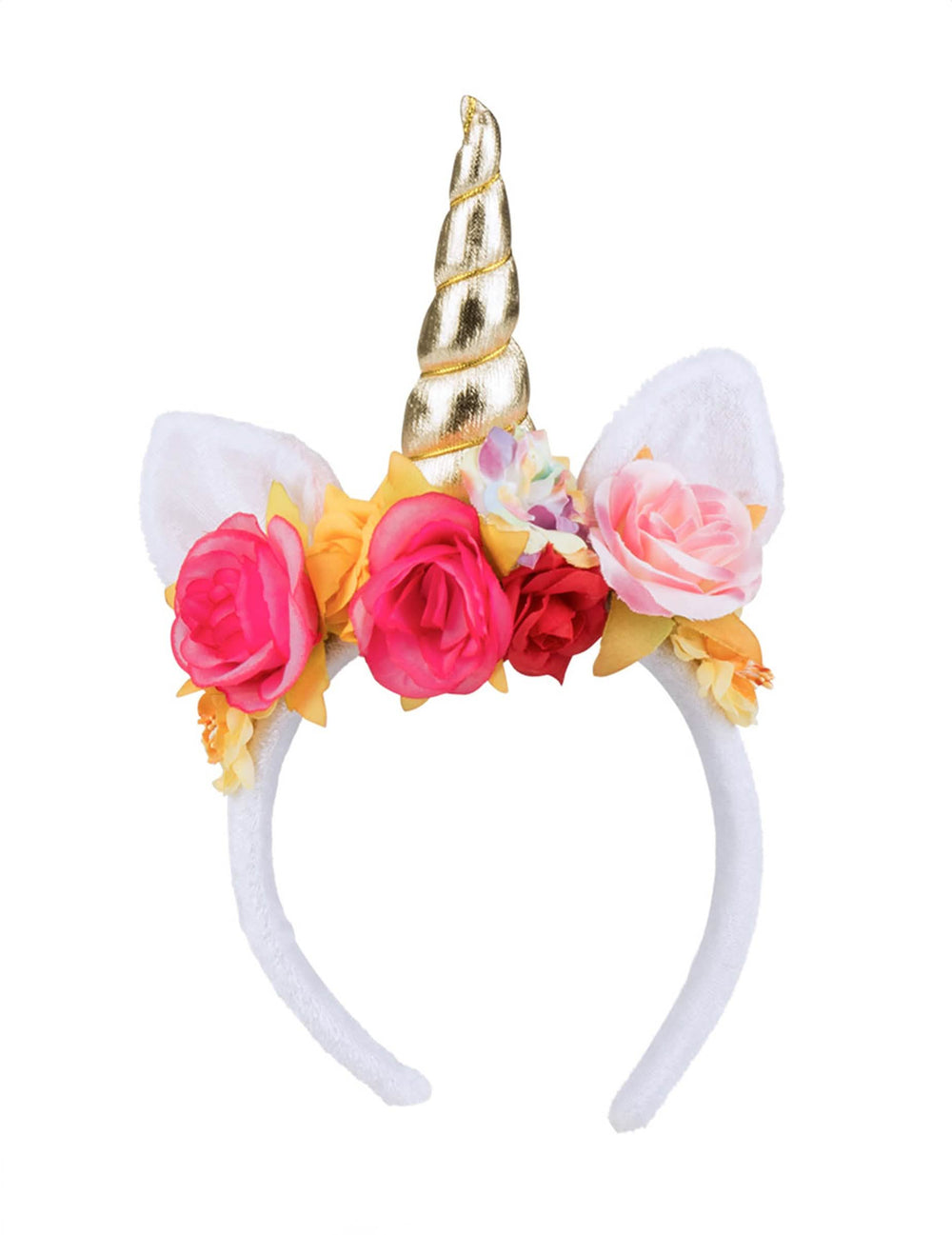 Serre-tête licorne enchantée pour femme blanc avec corne dorée et fleurs multicolores