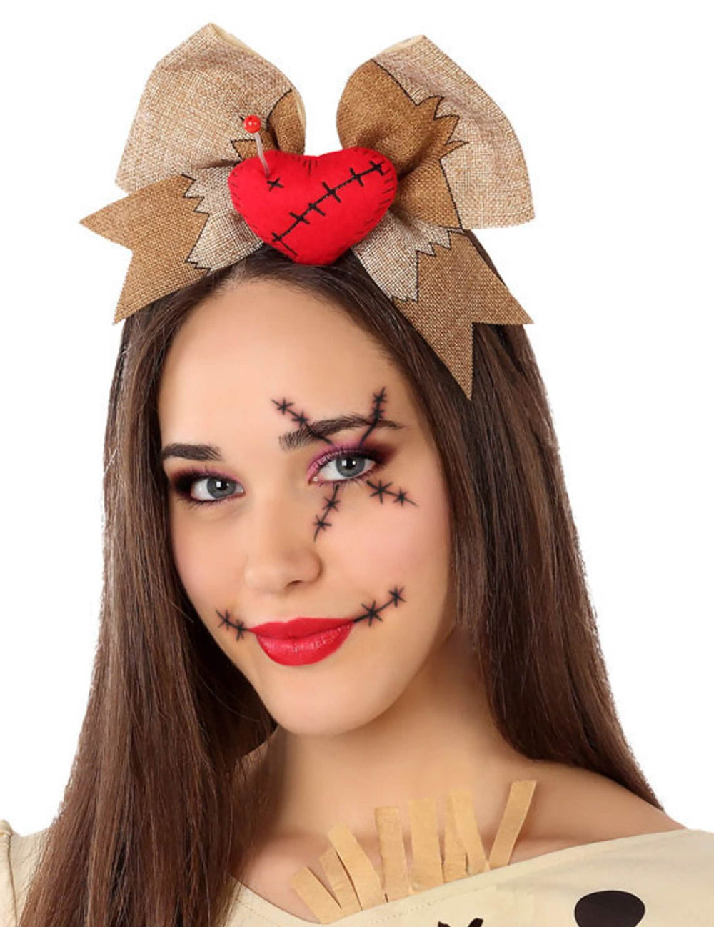 Haarreif Voodoo-Puppe Erwachsene Beige mit Juteschleife und Rotem Herz