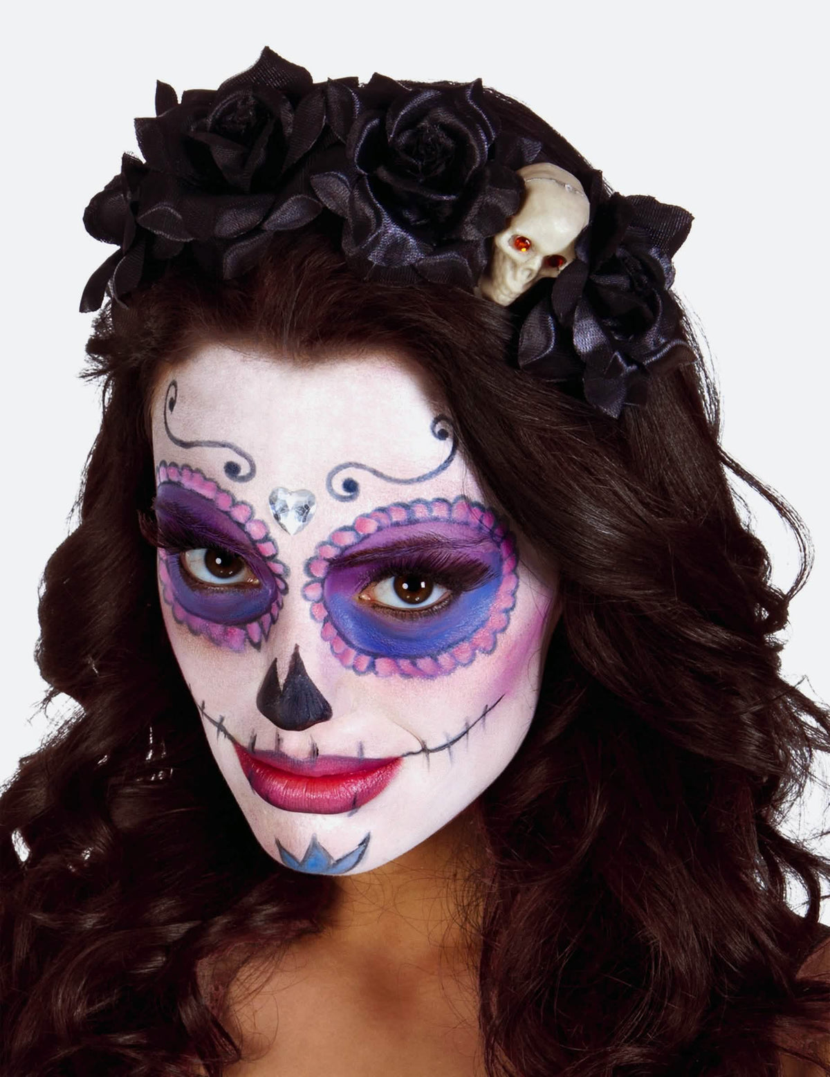 Serre-tête roses noires avec tête de mort Dia de los muertos pour femme